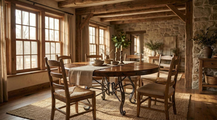 Mesquite Top & Iron Base Round Dining Table