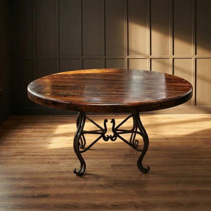 Mesquite Top & Iron Base Round Dining Table