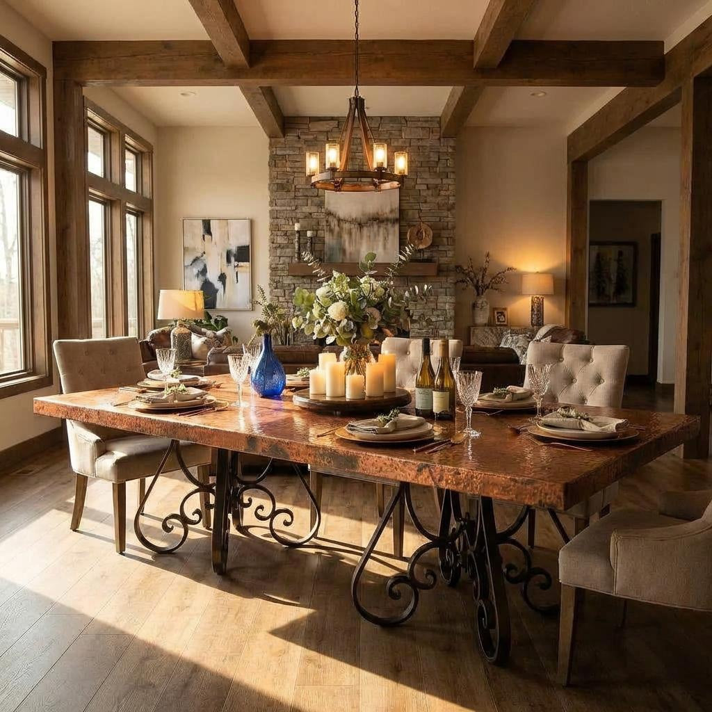 Dining room with a rustic wooden table set for a meal, surrounded by chairs and candles. Copper top dining table in room , hammered coper dining