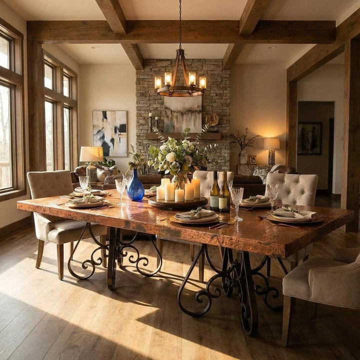 Dining room with a rustic wooden table set for a meal, surrounded by chairs and candles. Copper top dining table in room , hammered coper dining